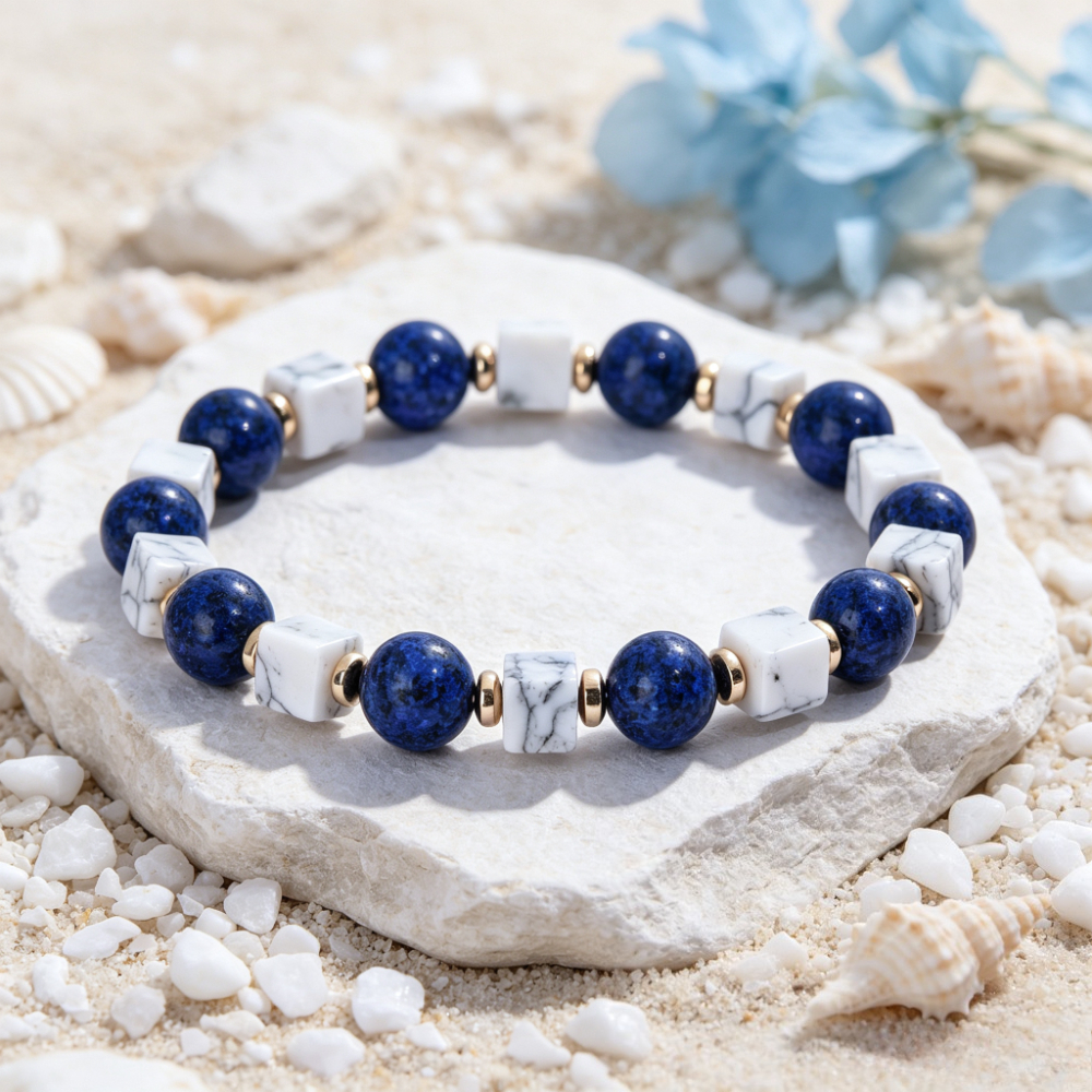 Natural Lapis Lazuli and Howlite Beaded Bracelet, Unisex Gift